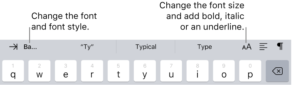 The text formatting buttons above the keyboard, starting on the left with indent, font, three predictive text fields, font size, alignment and insert.