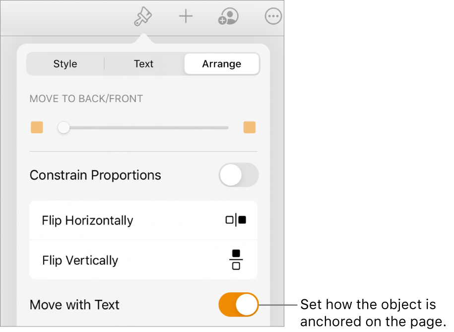 The Format controls with the Arrange tab selected and controls for Move to Back/Front, Move with Text and Text Wrap.