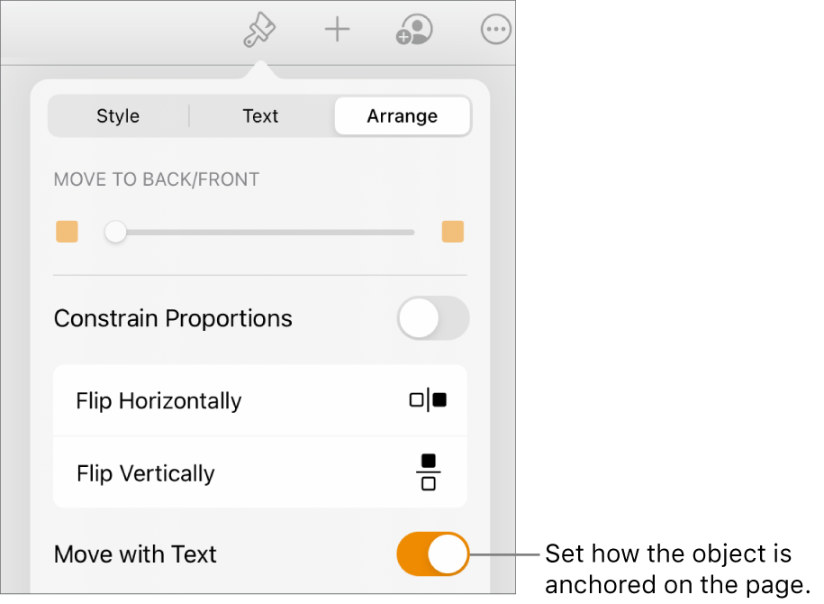 The Format controls with the Arrange tab selected and controls for Move to Back/Front, Move with Text, and Text Wrap.
