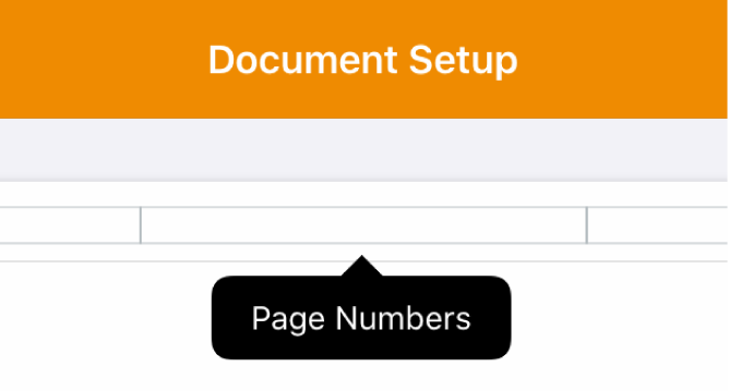 Three header fields with the insertion point in the center one and a pop-up menu showing Page Numbers.