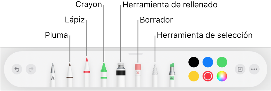 La barra de herramientas de dibujo con bolígrafo, lápiz, crayón, herramienta de rellenado, goma de borrar, herramienta de selección y la paleta de colores mostrando el color actual.