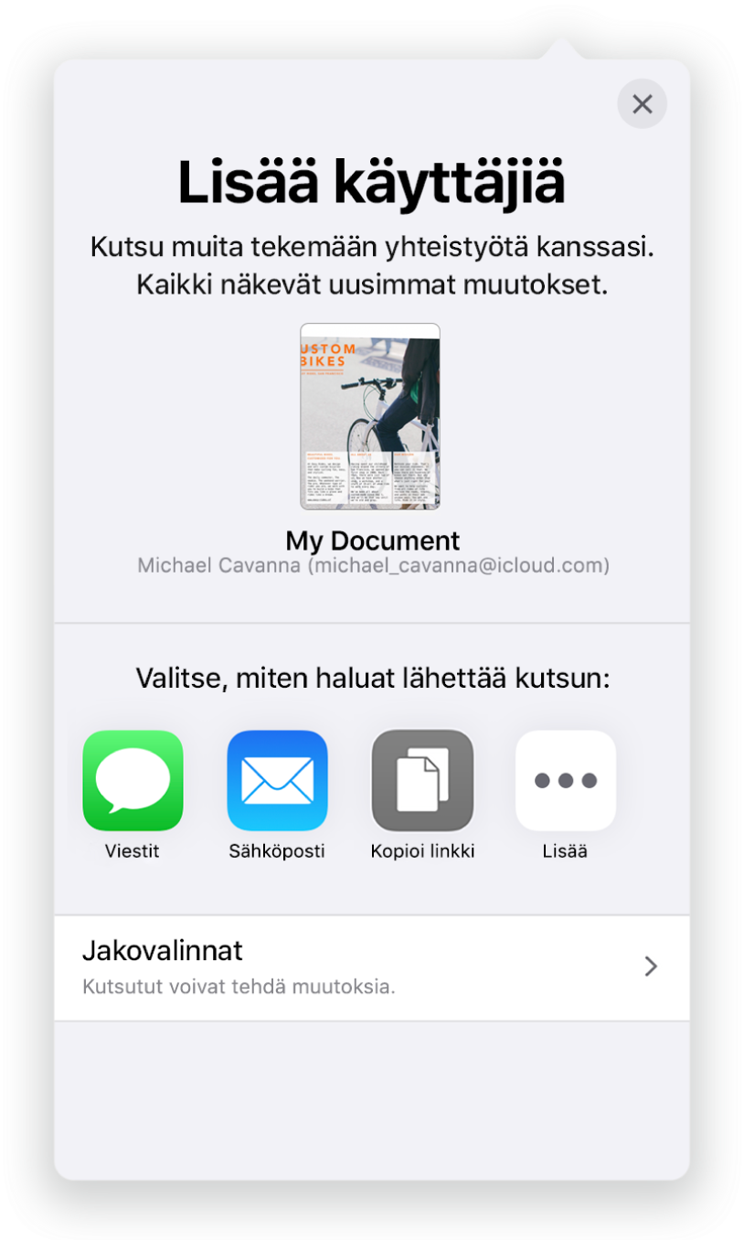 Lisää ihmisiä -näytöllä näkyy kuva dokumentista, jota ollaan jakamassa. Alapuolella on painikkeita kutsun lähettämiseen. Vaihtoehtoina ovat muun muassa Mail ja Kopioi linkki. Alareunassa on Jakovalinnat-painike.