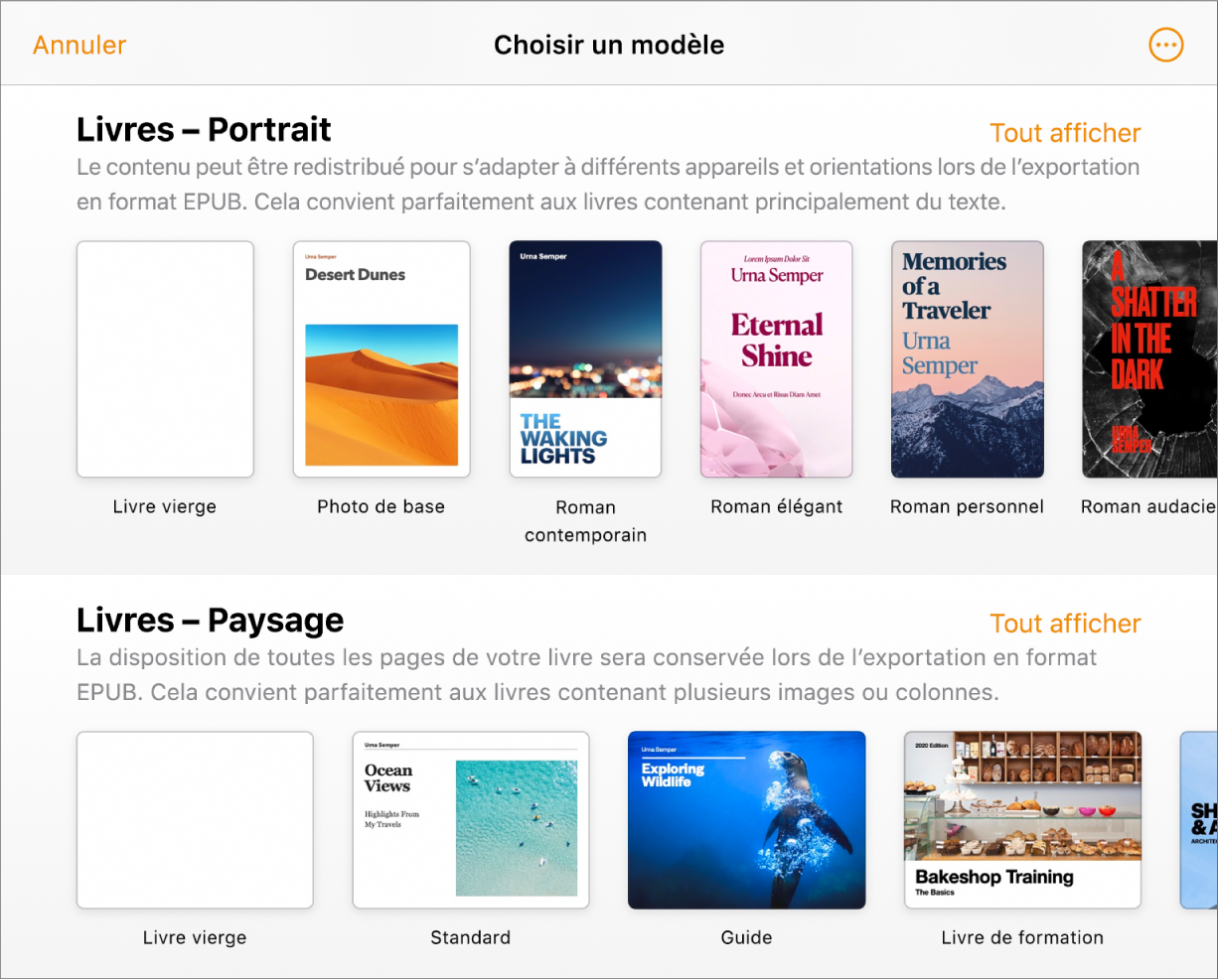 Le sélecteur de modèles avec modèles de livre en orientation Portrait au-dessus et en orientation Paysage en dessous.