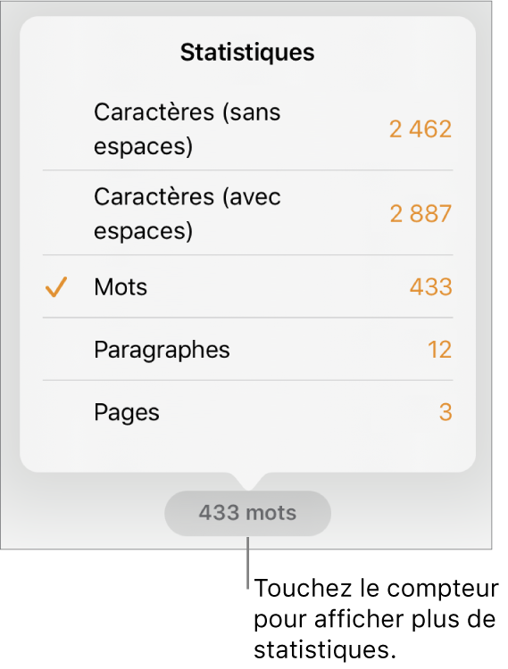 Nombre de mots avec menu présentant des options d’affichage du nombre de caractères avec et sans espaces, du nombre de mots, du nombre de paragraphes et du nombre de pages.