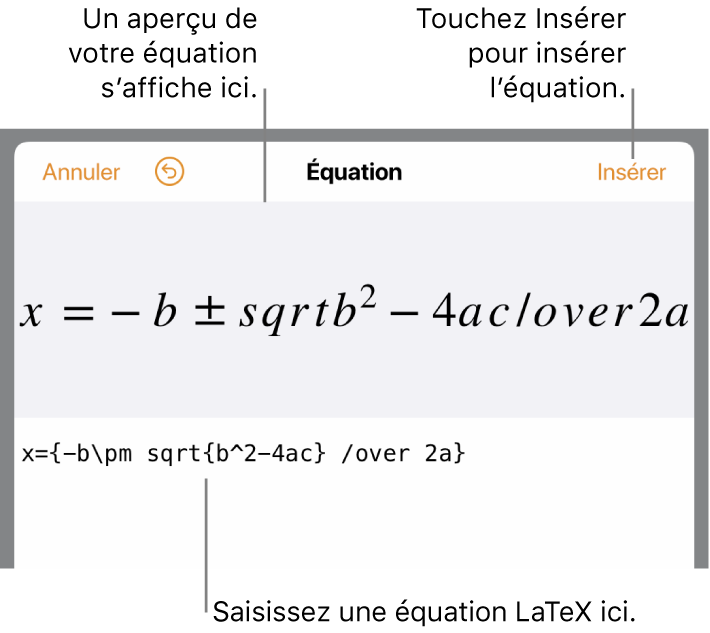 Formule quadratique composée à l’aide du langage LaTeX dans le champ Équation et aperçu de la formule en bas.