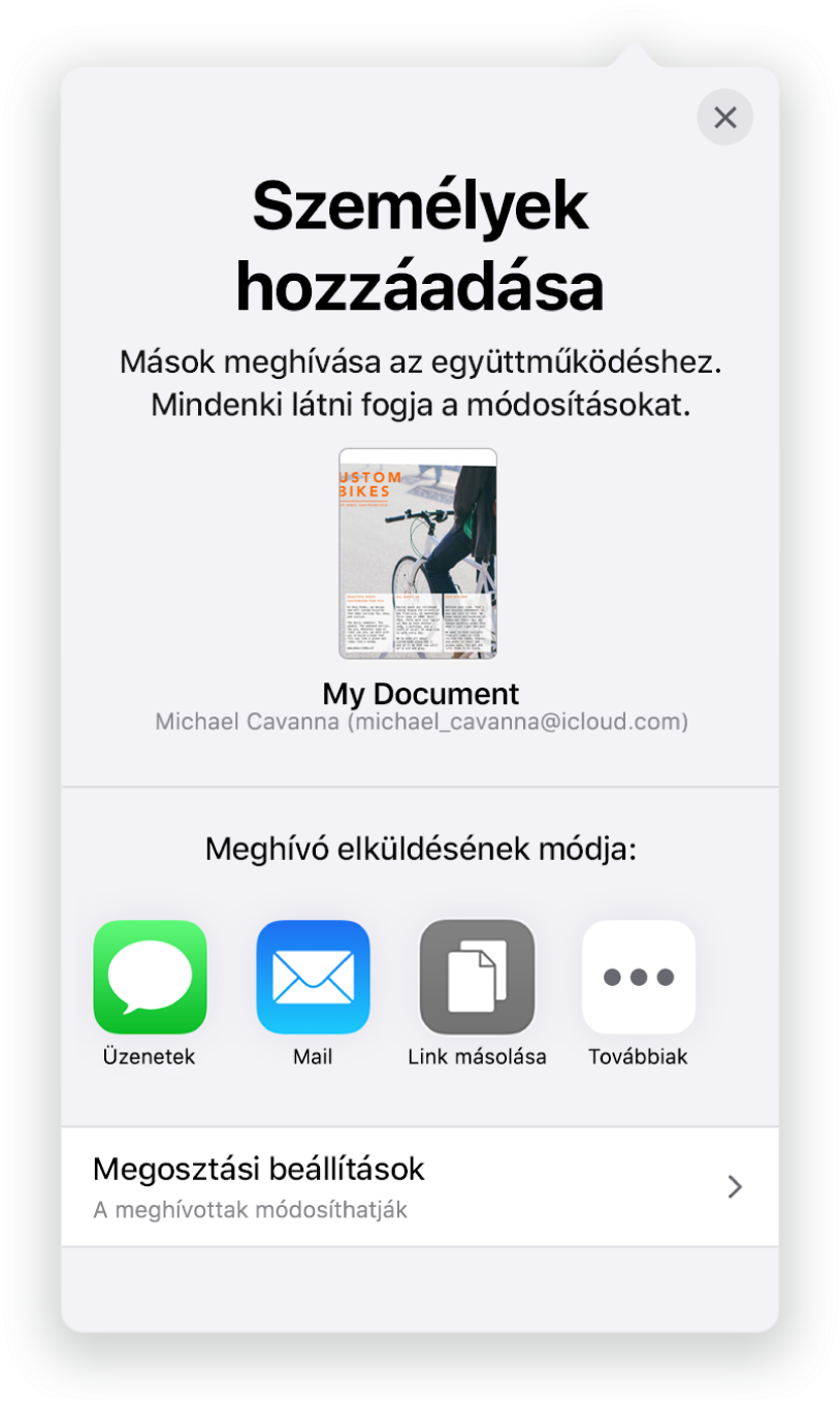 Az Emberek hozzáadása képernyőn a megosztandó dokumentum képe látható. Alatta a meghívó elküldésének módjaihoz tartozó gombok láthatók, többek között a Mail, a Link másolása stb. Alul a Megosztási beállítások gomb látható.