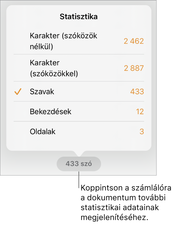 A szószám egy menüvel, amelyben megtekintheti a karakterek számát (szóközökkel és anélkül), a szószámot, a bekezdések számát és az oldalak számát.