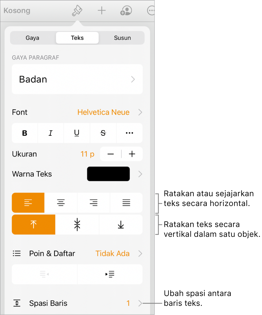 Tombol kontrol Format dengan tab Teks dipilih dan keterangan ke tombol perataan teks dan item menu Spasi Baris.