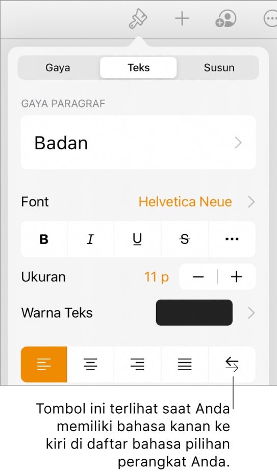 Kontrol teks di menu Format dengan keterangan yang menunjuk ke tombol Kanan ke Kiri.