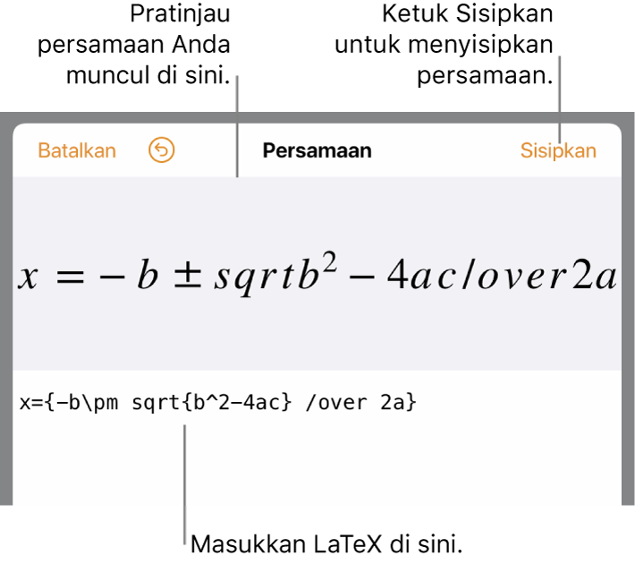 Formula kuadratik yang ditulis menggunakan LaTeX di bidang Persamaan, dan pratinjau formula di bawah ini.