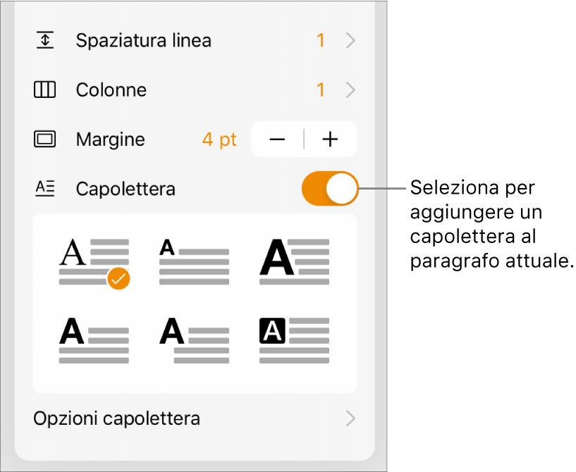 I controlli Capolettera situati nella parte inferiore del menu Testo.
