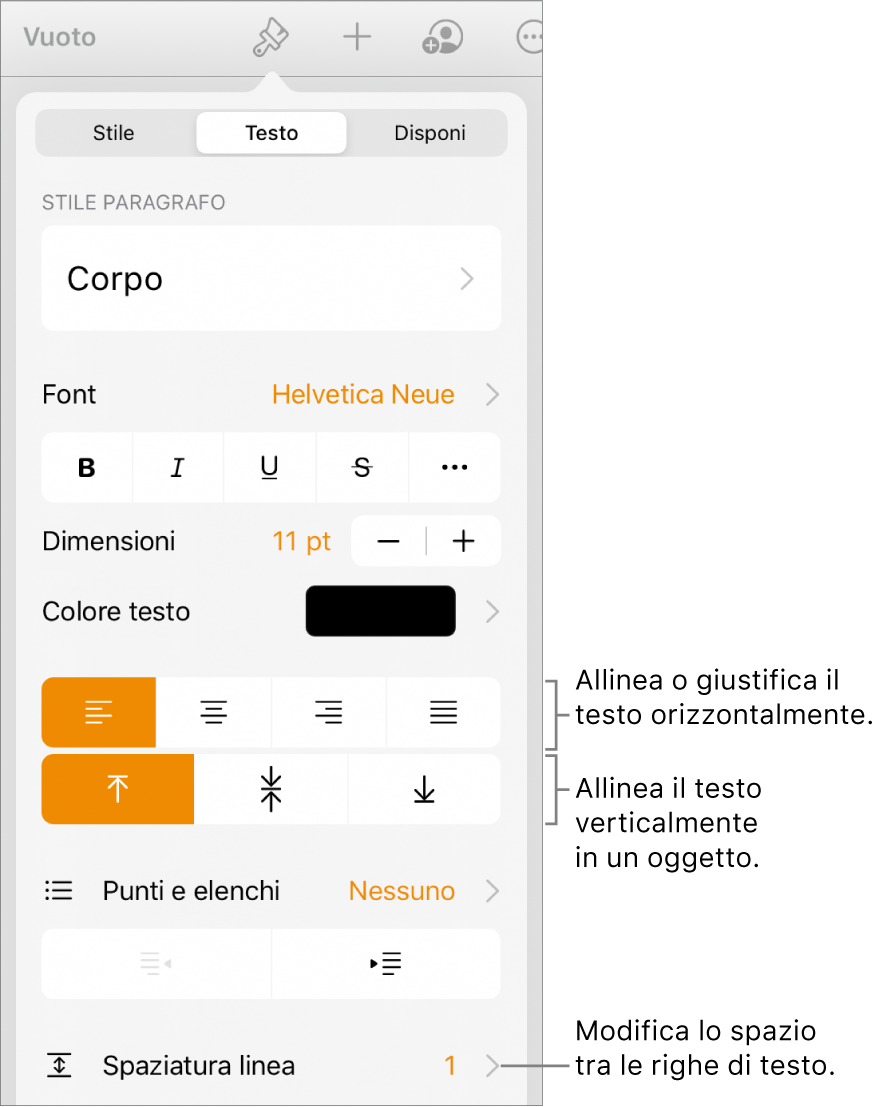 Il pulsante dei controlli di Formattazione con il pannello Testo selezionato e didascalie dei pulsanti di allineamento testo e dell’elemento del menu “Spaziatura linea”.