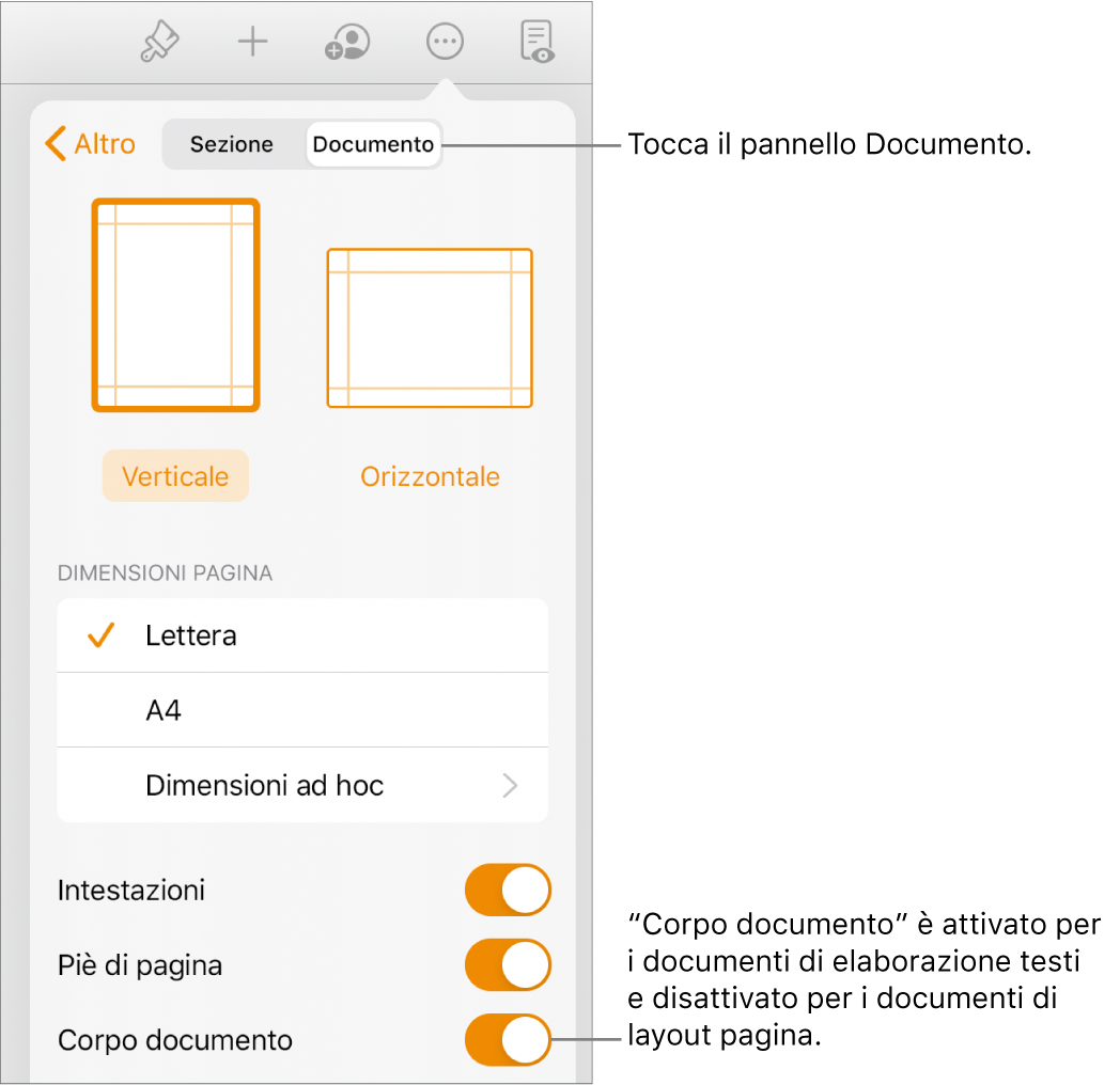 I controlli di formattazione Documento con “Corpo documento” attivato nella parte inferiore dello schermo.