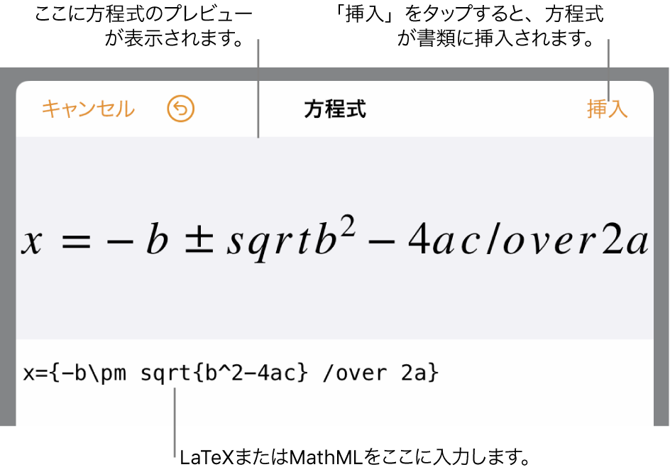 方程式編集ダイアログ。LaTeXコマンドを使用して書き込まれた二次方程式の解の公式が表示され、その上に公式のプレビューが表示されています。