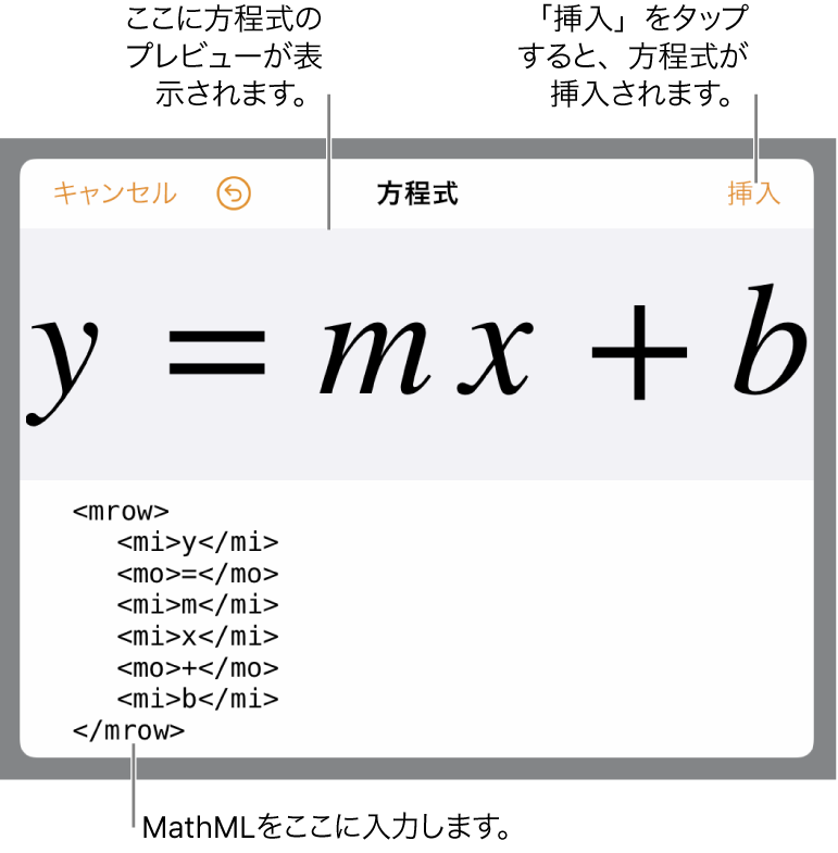 直線の傾きを表す方程式のMathMLコードと、その上に表示された数式のプレビュー。