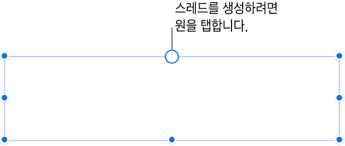 상단에 흰색 원이 있고 각 모서리와 측면 및 하단에 크기 조절 핸들이 있는 빈 텍스트 상자.