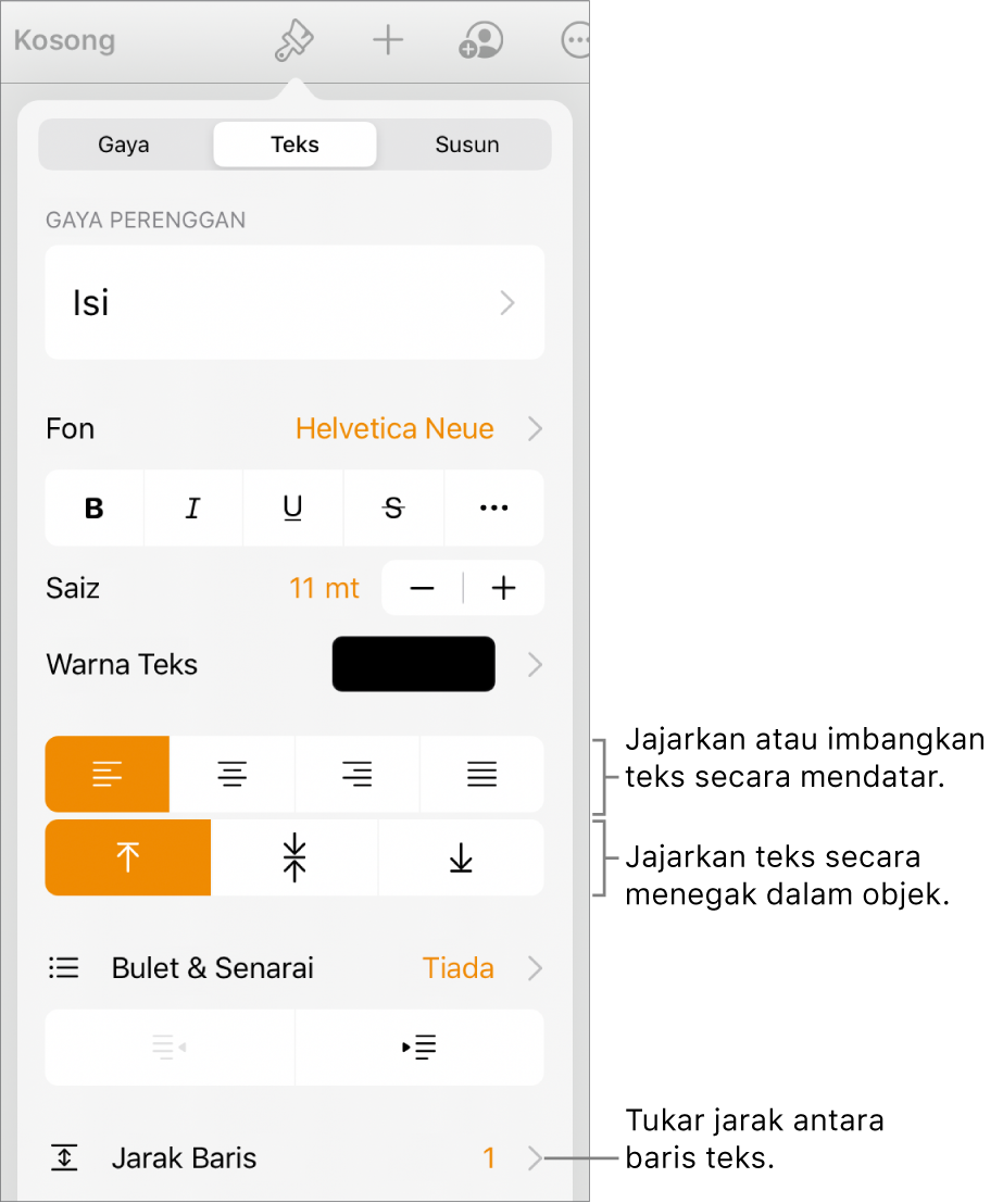 Butang kawalan Format dengan tab Teks dipilih dan petak bual ke butang penjajaran teks dan item menu Jarak Baris.