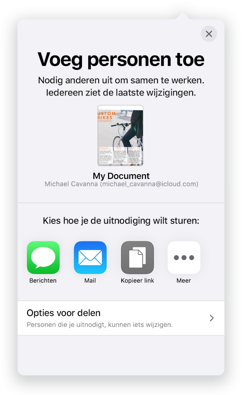 Het scherm 'Voeg personen toe' met daarin een afbeelding van het document dat wordt gedeeld. Eronder staan knoppen voor de manieren waarop de uitnodiging kan worden verstuurd, waaronder Mail en 'Kopieer link'. Onder in het scherm staat de knop 'Opties voor delen'.