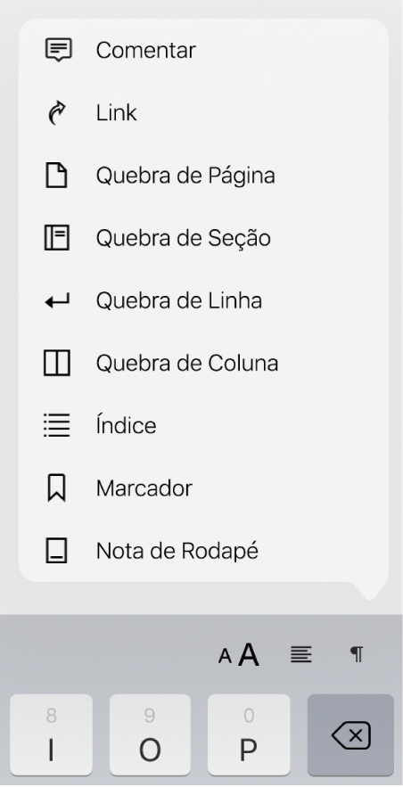 Barra de atalhos com os controles de Inserir abertos acima do botão Inserir.