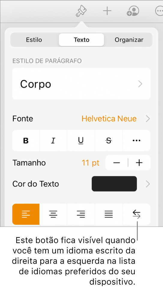 Controles de texto no menu Formatar com uma chamada apontando para o botão da esquerda para a direita.