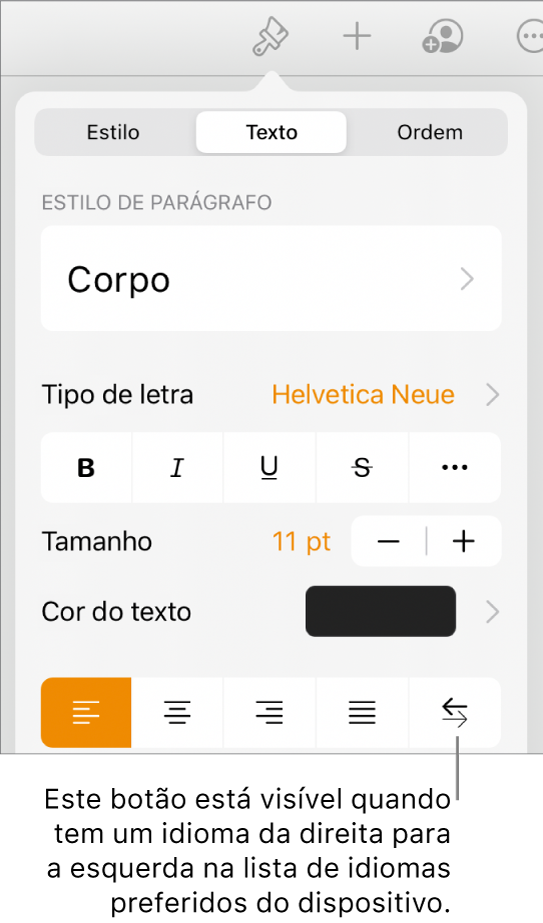 Controlos de texto no menu Formatação com uma chamada a apontar para o botão Da direita para a esquerda.