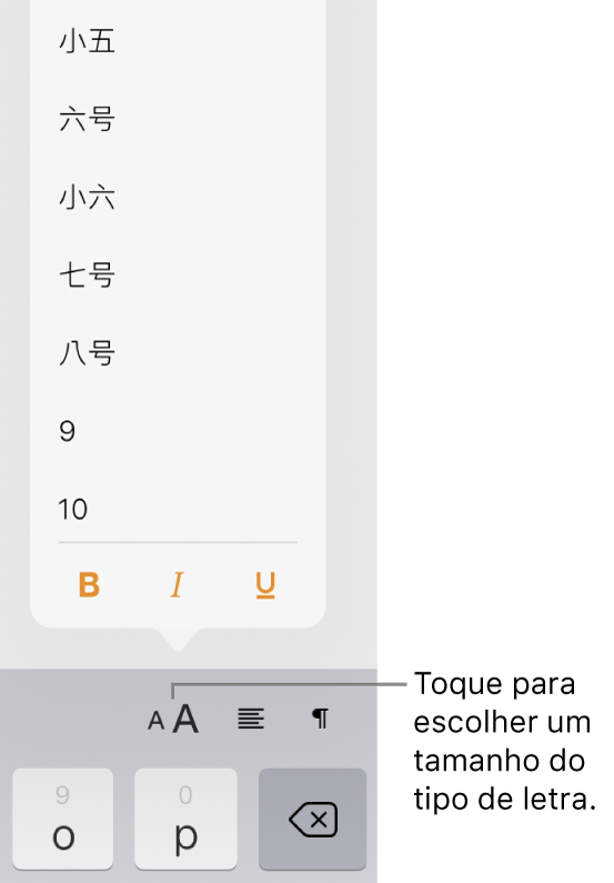 O botão “Tamanho do tipo de letra” do lado direito do teclado do iPad com o menu do tamanho do tipo de letra aberto. Os tamanhos do tipo de letra padrão do governo chinês aparecem na parte superior do menu com os tamanhos em pontos abaixo.