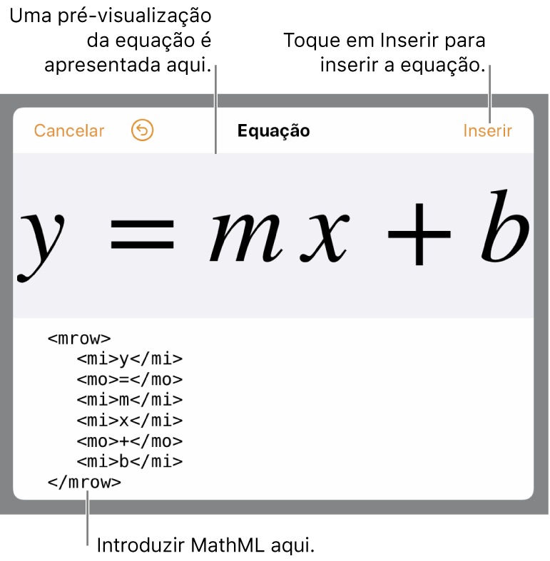 O código MathML para a equação da inclinação de uma linha e uma pré-visualização da fórmula acima.