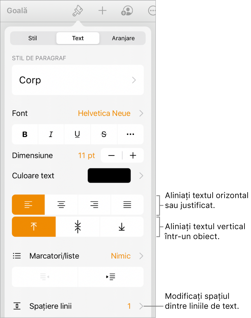Butonul pentru comenzile Format, cu fila Text selectată și explicații pentru butoanele de aliniere a textului și articolul de meniu Spațiere linii.