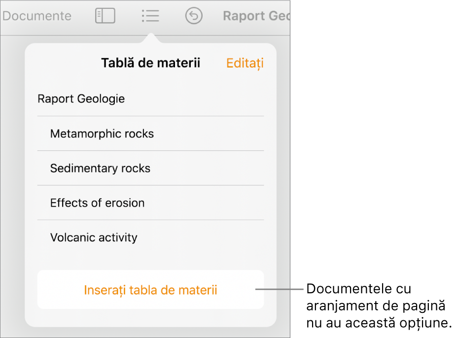 Vizualizarea tablei de materii, cu butonul Editați în colțul din dreapta sus, intrările din tabla de materii și butonul Inserați tabla de materii în partea de jos.