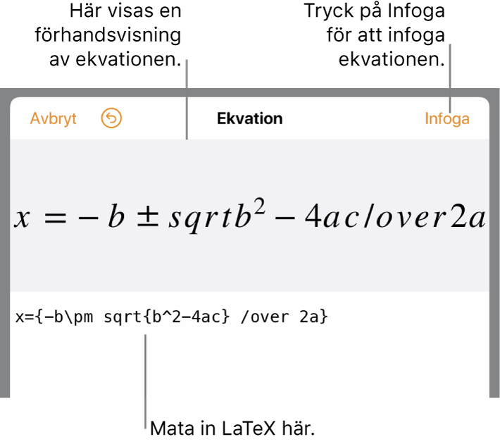 Den kvadratiska formeln skriven med LaTeX i ekvationsfältet och en förhandsvisning av formeln nedanför.