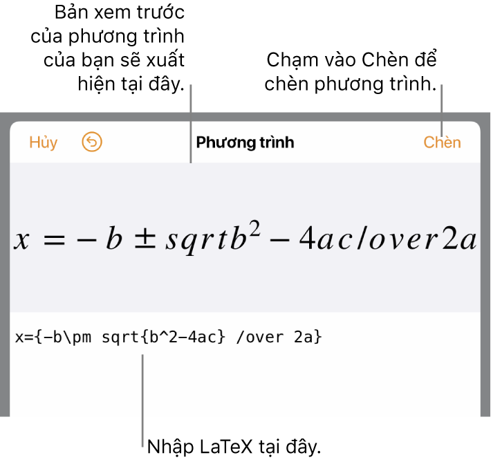 Công thức bậc hai được viết bằng LaTeX trong trường Phương trình và bản xem trước của công thức bên dưới.