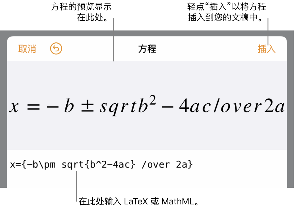 编辑方程对话框，显示使用 LaTeX 命令所写的二次公式，且上方显示公式的预览。