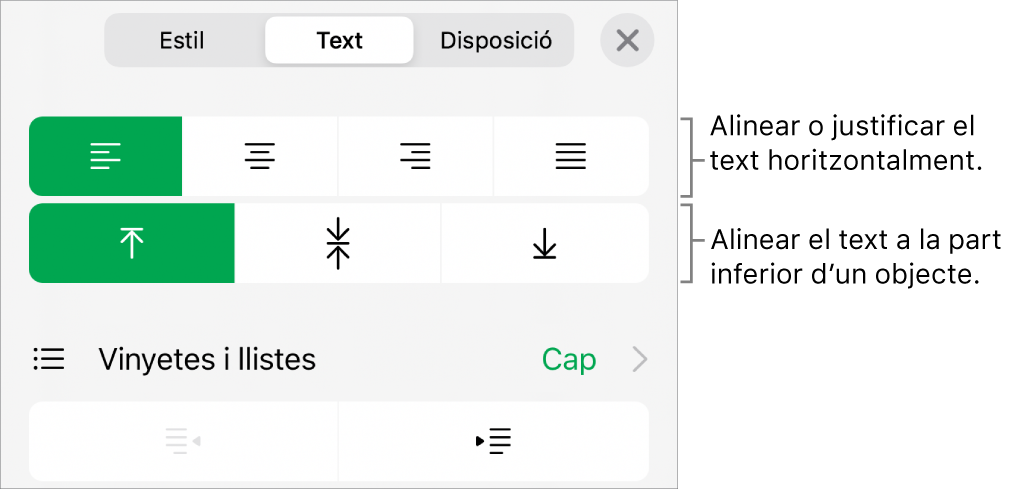 Secció Disposició de l’inspector de format amb referències als botons d’alineació i espaiat de text.