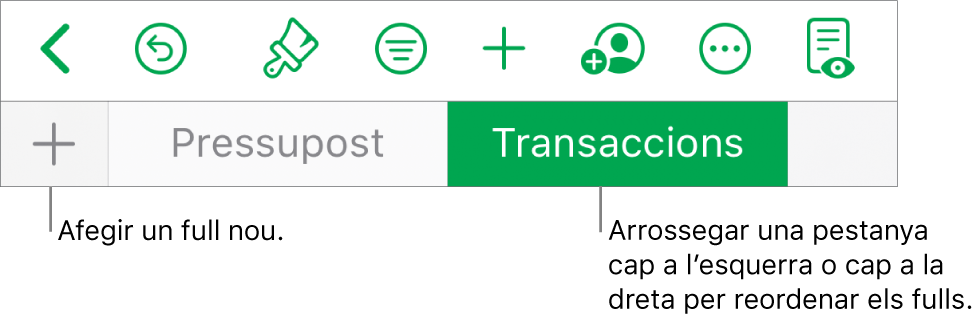 Barra de pestanyes per afegir un nou full de treball i per explorar, reordenar i reorganitzar els fulls.