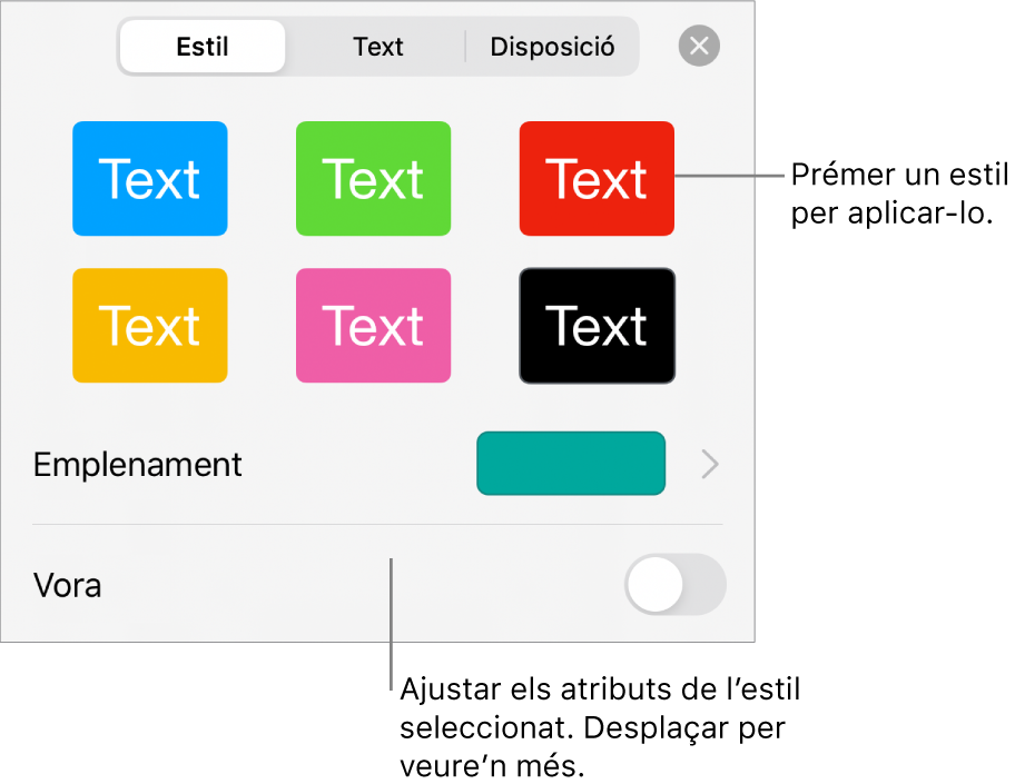 La pestanya Estil del menú Format amb estils de forma a la part superior i una paleta de color a sota.