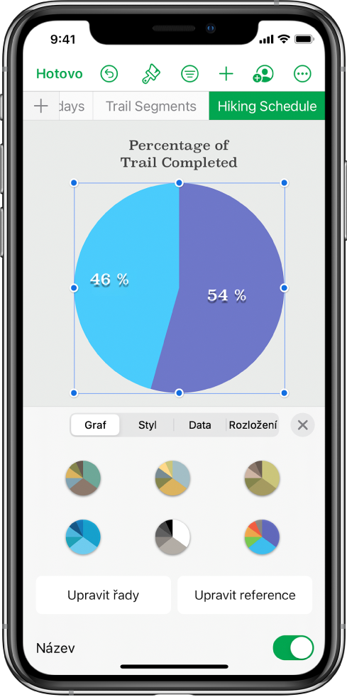 Koláčový graf s procentuálními údaji o absolvovaných túrách. V otevřené nabídce Formát se zobrazují různé styly grafů, které je možné vybrat, a volby pro úpravy řad a referencí v grafu a pro zobrazení nebo skrytí názvu grafu.