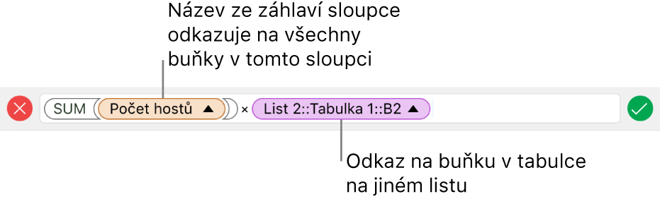 Editor vzorců se vzorcem odkazujícím na sloupec v jedné tabulce a buňku v jiné tabulce