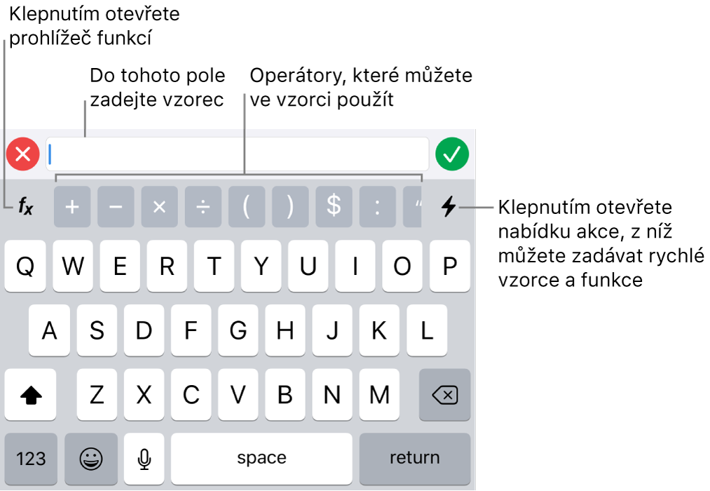 Klávesnice pro vzorce, obsahující nahoře editor vzorců a pod ním operátory používané ve vzorcích. Nalevo od operátorů je umístěno tlačítko Funkce pro otevření prohlížeče funkcí a napravo je vidět tlačítko Akce