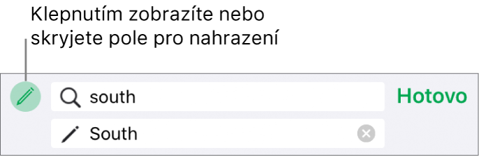 Ovládací prvky pro hledání a nahrazování textu