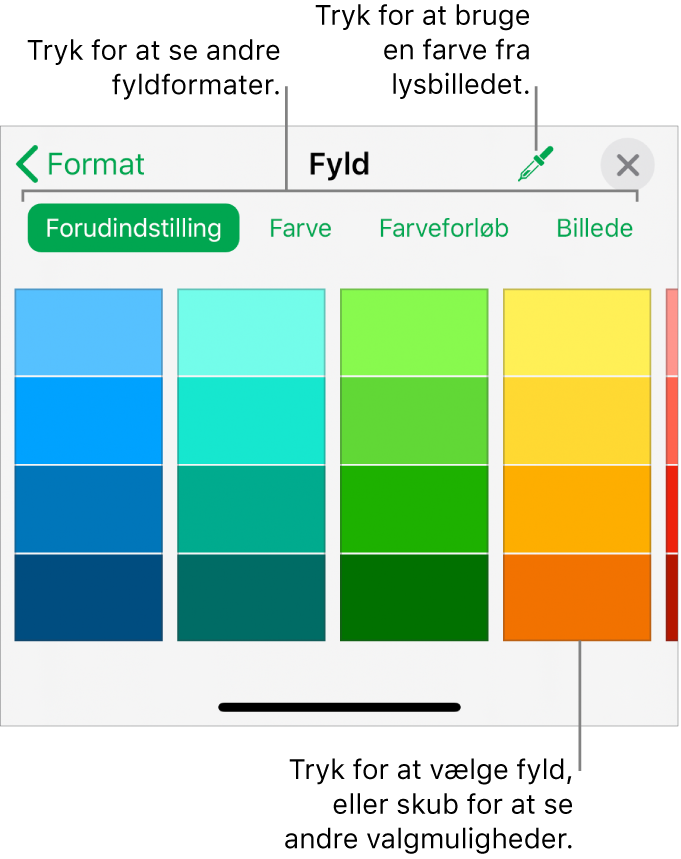 Fyldmuligheder på fanen Format til knappen Format.