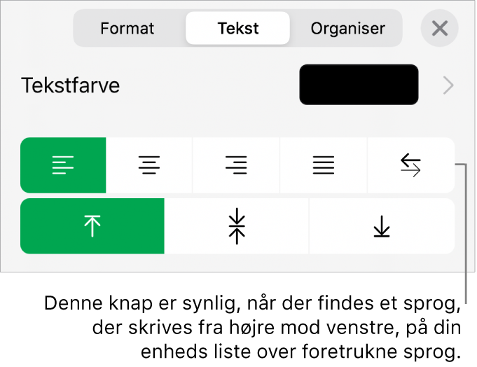 En del af formatmulighederne på menuen Format med billedforklaring til knappen Højre mod venstre.