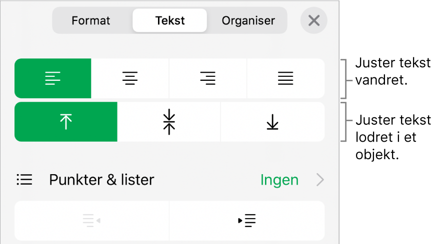 Layout i Info om format med billedforklaringer til knapperne til justering af tekst og afstand.