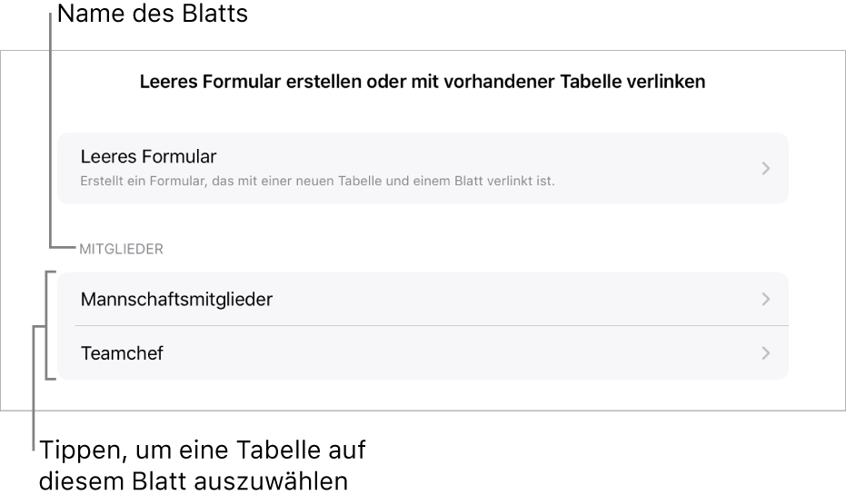 Einige Tabellen in derselben Tabellenkalkulation mit der Option zum Erstellen eines leeren Formulars oben.