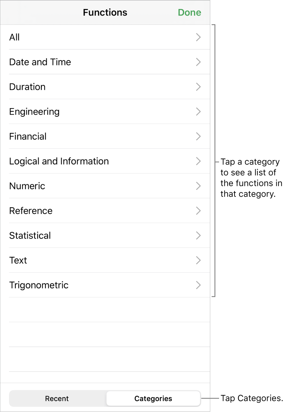 The Functions Browser with a call out to the Categories button and the list of categories.