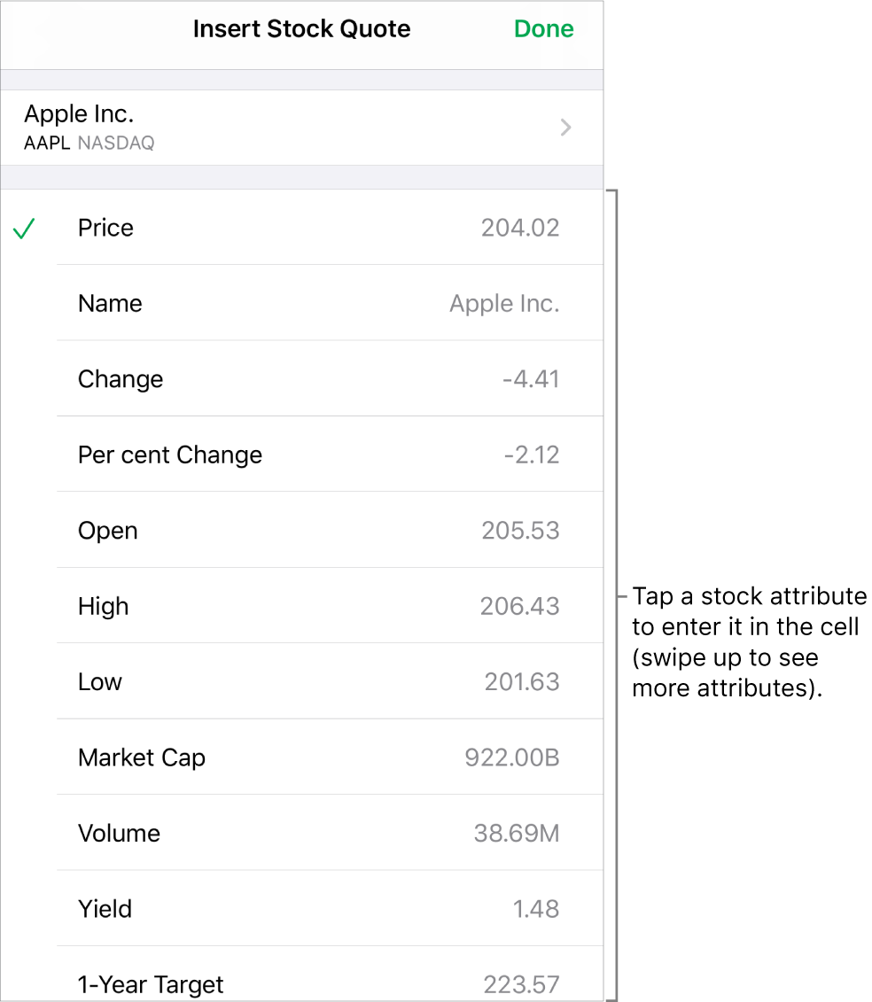 The stock quote pop over, with the stock name at the top and selectable stock attributes, including price, name, change, per cent change and open listed below.