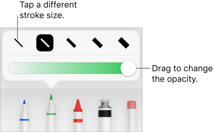 Controls for choosing a stroke size and a slider for adjusting the opacity.