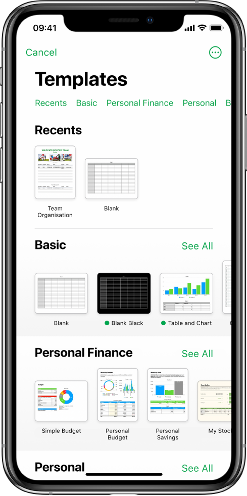 The template chooser, showing a row of categories across the top that you can tap to filter the options. Below are thumbnails of predesigned templates arranged in rows by category, starting with Recents at the top and followed by Basic and Personal Finance. A See All button appears above and to the right of each category row. The Language and Region button is in the top-right corner.