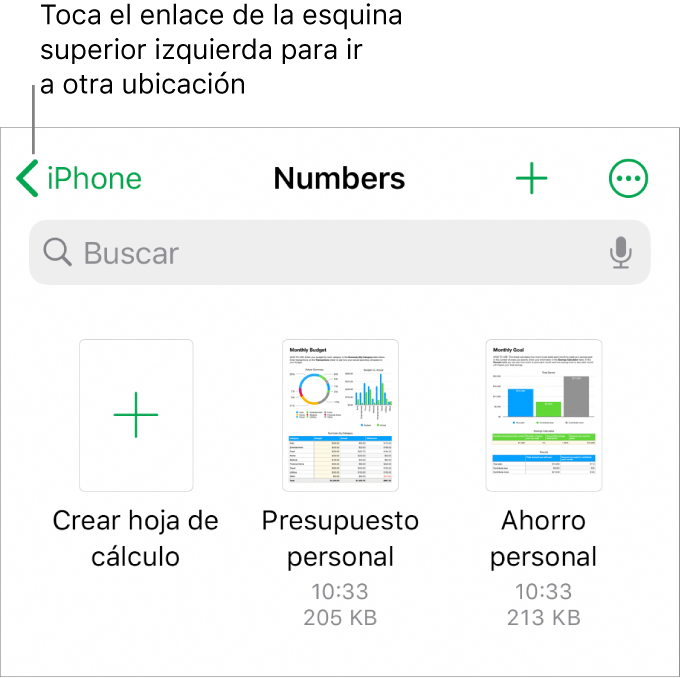 La vista de exploración del administrador de hojas de cálculo con un enlace de ubicación en la esquina superior izquierda y debajo de ella un campo de búsqueda. En la esquina superior derecha se encuentra el botón “Agregar hoja de cálculo” y el botón Más. En la parte inferior de la pantalla están el botón Recientes y el botón Explorar.