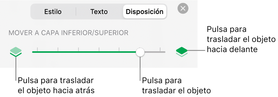 Botón “Mover hacia atrás”, botón “Mover hacia delante” y regulador de capa.