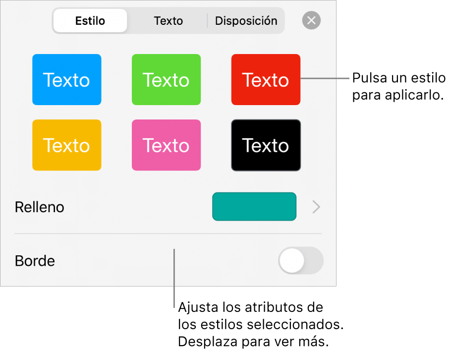 La pestaña Estilo del menú Formato con estilos de figura en la parte superior y una paleta de colores de relleno debajo.